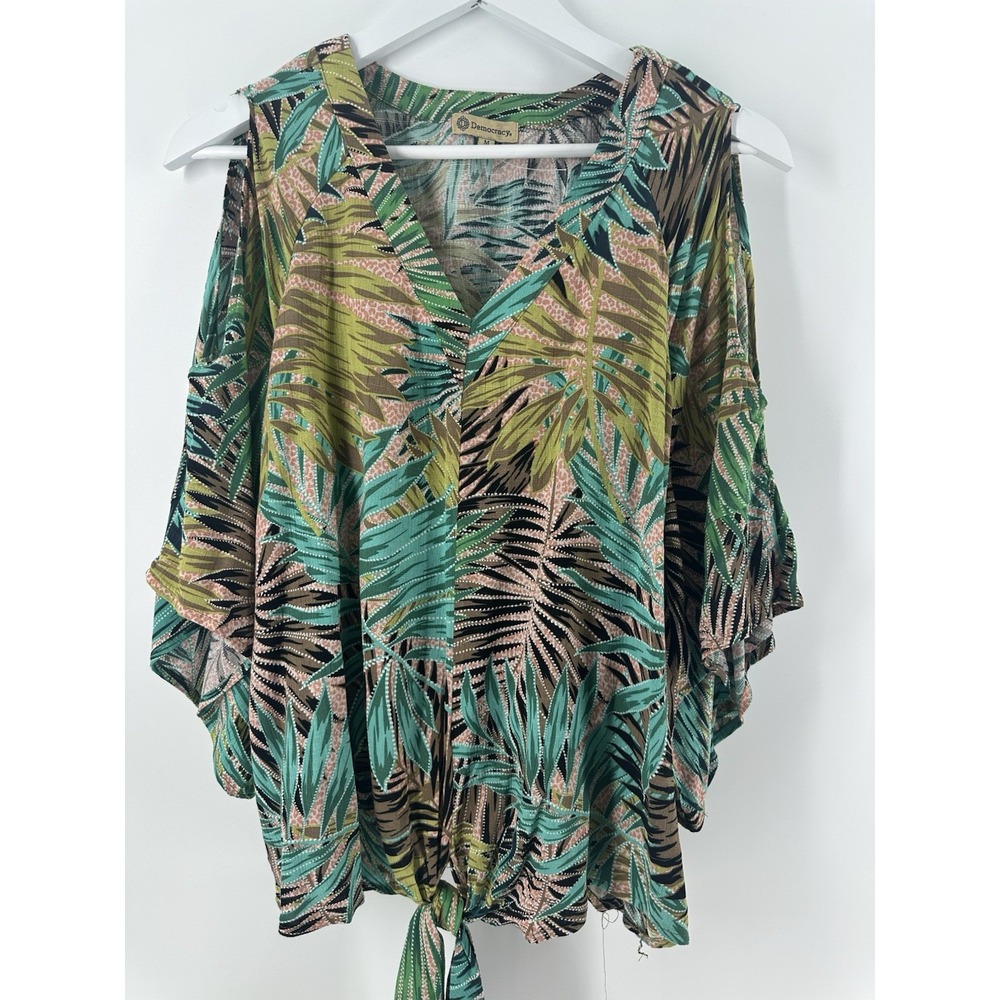 Democracy Shirt‎ Boho M Palm Tree Tropical V Neck Cold Shoulder Front Tie BB06